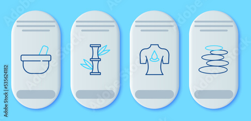 Set line Bamboo, Massage with aroma oils, Mortar and pestle and Stack hot stones icon. Vector