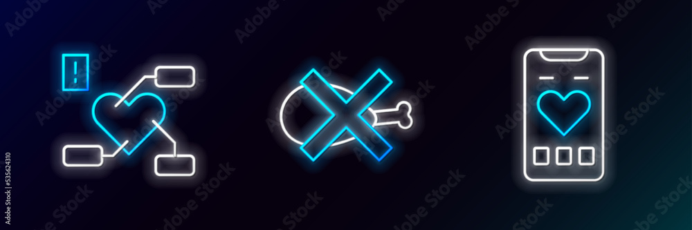 Set line Mobile with heart rate, Attention to health and No meat icon. Glowing neon. Vector Set line Mobile with heart rate, Attention to health and No meat icon. Glowing neon. Vector