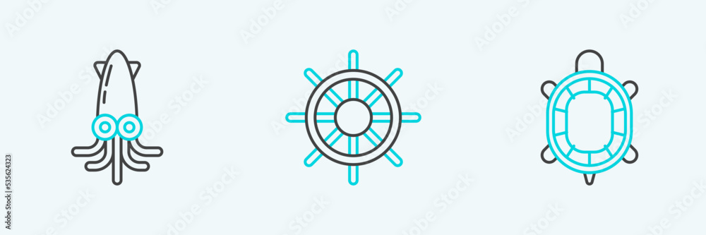 Set line Turtle, Octopus and Ship steering wheel icon. Vector Set line Turtle, Octopus and Ship steering wheel icon. Vector