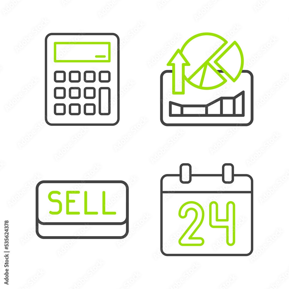 Set line Calendar, Sell button, Stocks market growth graphs and Calculator icon. Vector Set line Calendar, Sell button, Stocks market growth graphs and Calculator icon. Vector