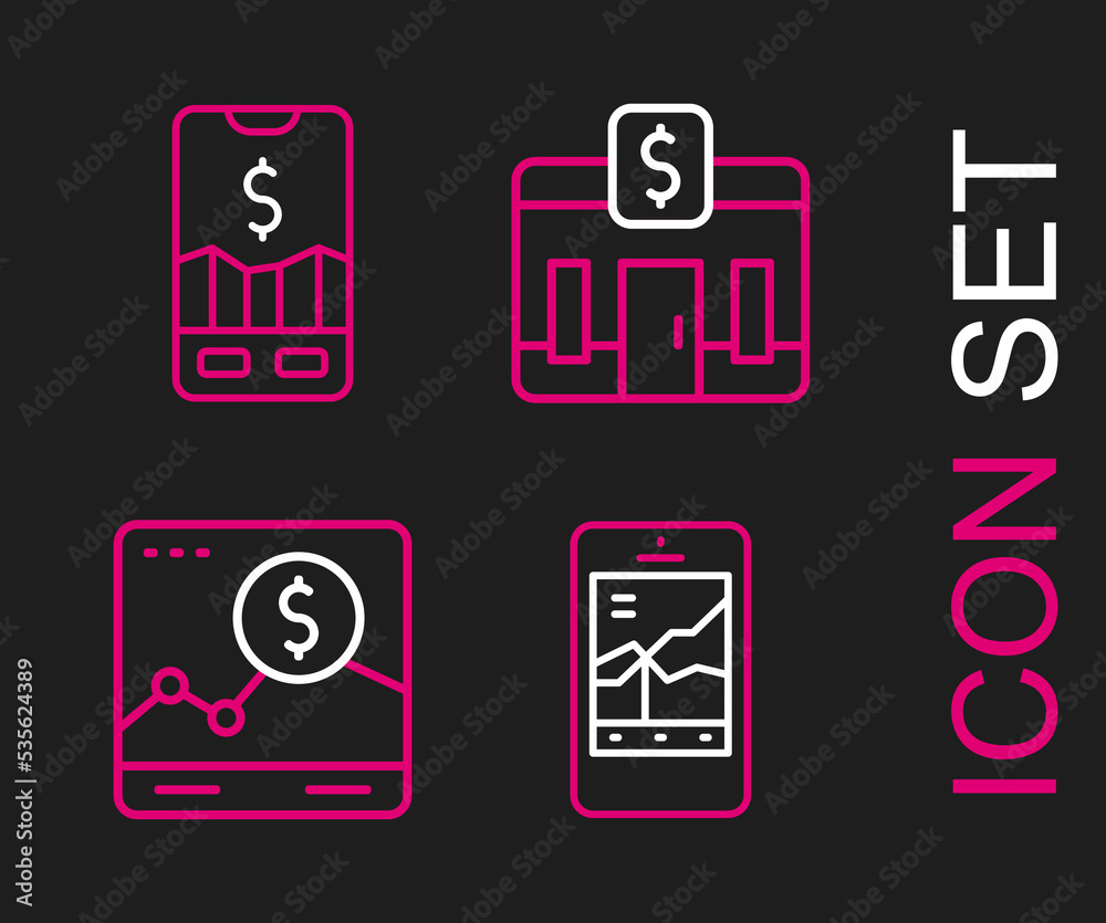 Set line Mobile stock trading, Website with growth graph, Bank building and icon. Vector Set line Mobile stock trading, Website with growth graph, Bank building and icon. Vector