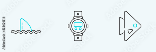 Set line Fish, Shark fin in ocean wave and Diving watch icon. Vector