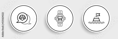 Set line Floating buoy on the sea  Scallop shell and Diving watch icon. Vector