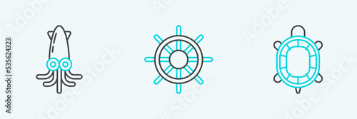 Set line Turtle, Octopus and Ship steering wheel icon. Vector