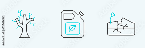 Set line Earthquake, Withered tree and Bio fuel canister icon. Vector