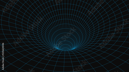 An abstract tunnel with a blue mesh structure. 3D grid of tunnels and corridors. Vector wormhole.