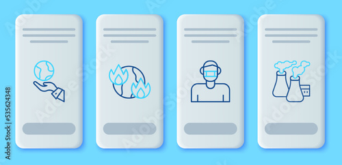 Set line Global warming fire, Face protective mask, Hands holding Earth globe and Smoke from factory icon. Vector