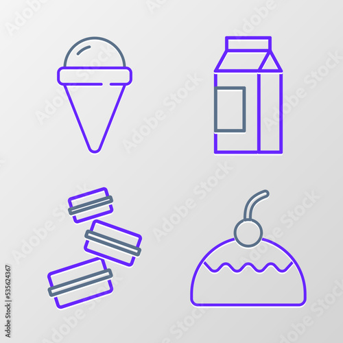Set line Cake  Macaron cookie  Paper package for milk and Ice cream in waffle cone icon. Vector