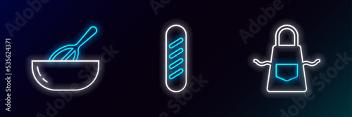 Set line Kitchen apron, whisk and bowl and French baguette bread icon. Glowing neon. Vector