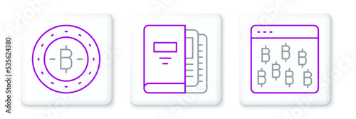 Set line Bitcoin in browser, and Office folders icon. Vector