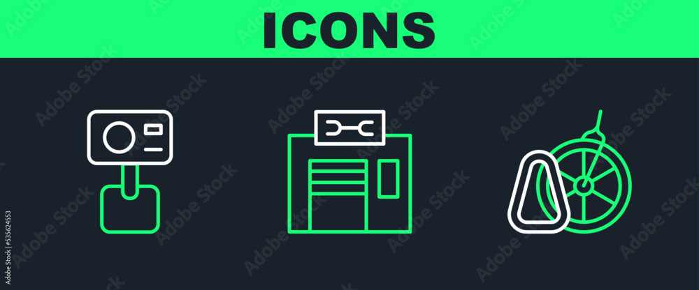 Set line Bicycle parking, Action extreme camera and repair service icon. Vector Set line Bicycle parking, Action extreme camera and repair service icon. Vector