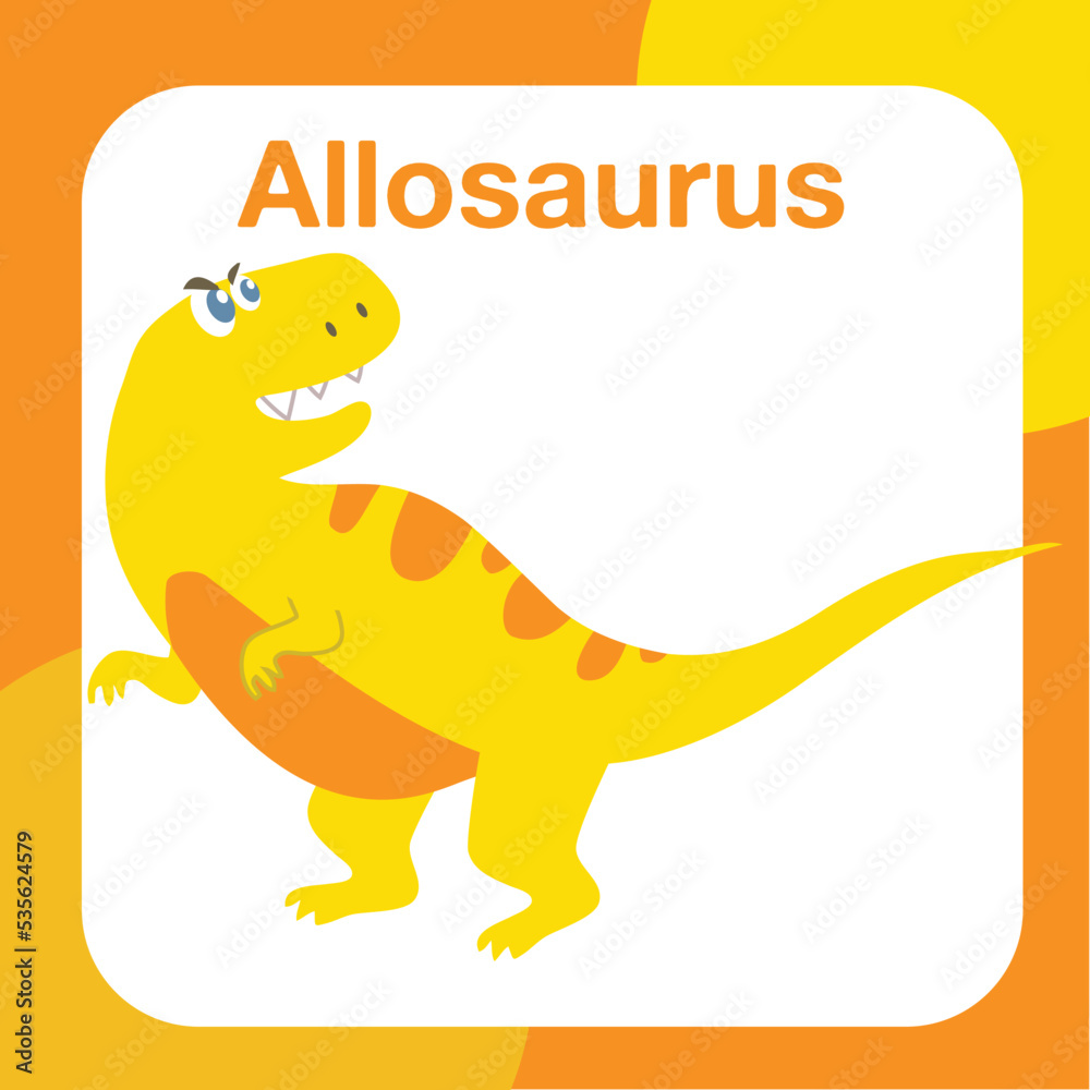 Fototapeta premium Printable dinosaur preschool flashcard. Dinosaur flashcard for kids. Cute flashcard for children. Ready to print. Printable game card. Educational card for preschool. Vector illustration.