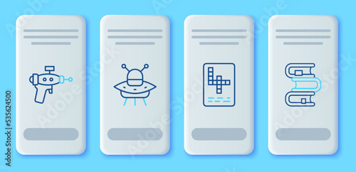Set line UFO flying spaceship, Crossword, Ray gun and Book icon. Vector