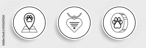 Set line Paw print, Map pointer with veterinary medicine hospital and Collar name tag and heart icon. Vector