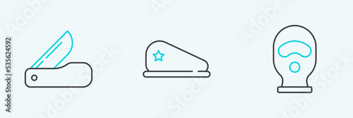 Set line Balaclava, Swiss army knife and Military beret icon. Vector