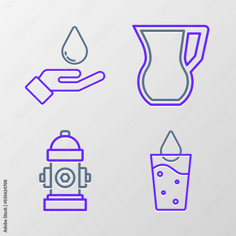 Set line Glass with water, Fire hydrant, Jug glass and Washing hands soap icon. Vector Set line Glass with water, Fire hydrant, Jug glass and Washing hands soap icon. Vector