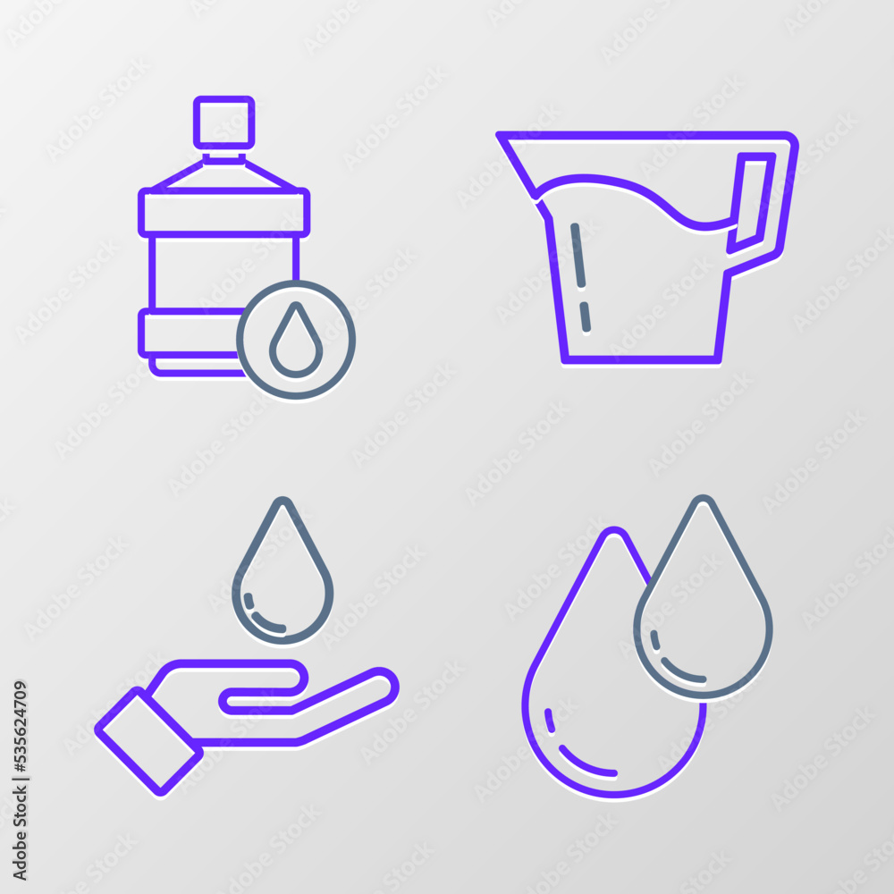 Set line Water drop, Washing hands with soap, Jug glass water and Big bottle clean icon. Vector