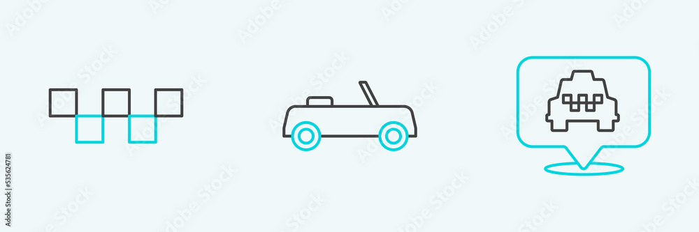 Set line Location with taxi, Taxi car roof and Car icon. Vector Set line Location with taxi, Taxi car roof and Car icon. Vector