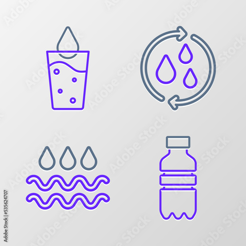 Set line Bottle of water, Wave with drop, Recycle clean aqua and Glass icon. Vector