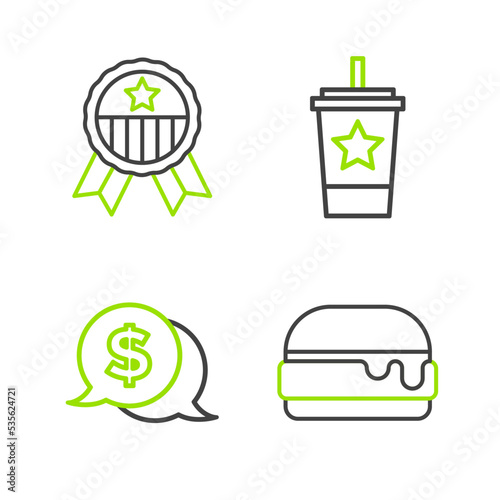 Set line Burger, Coin money with dollar, Paper glass straw and Medal star icon. Vector