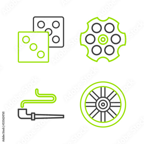 Set line Old wooden wheel, Smoking pipe, Revolver cylinder and Game dice icon. Vector