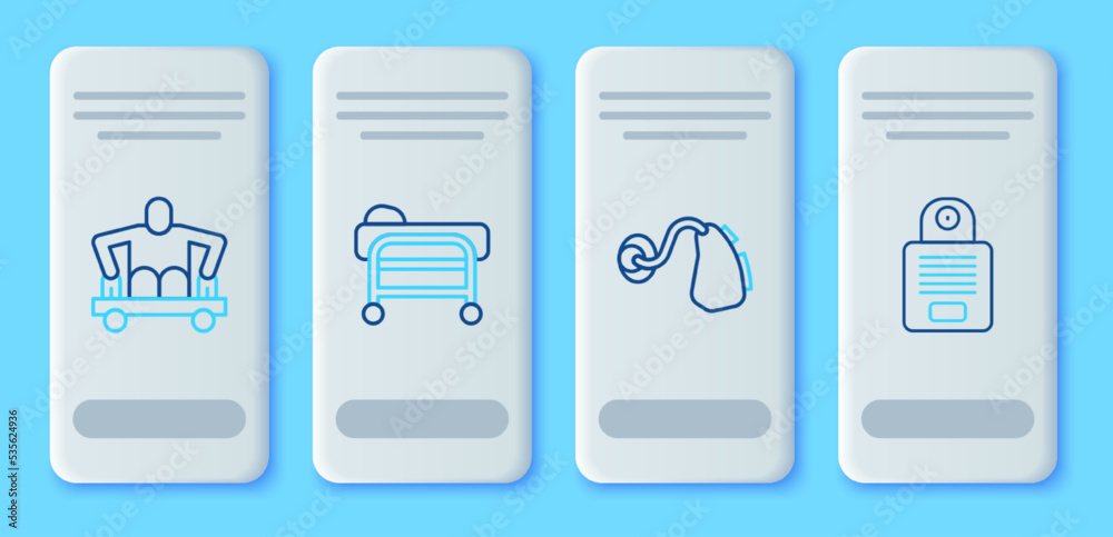 Set line Stretcher, Hearing aid, Man without legs sitting wheelchair and Intercom icon. Vector Set line Stretcher, Hearing aid, Man without legs sitting wheelchair and Intercom icon. Vector