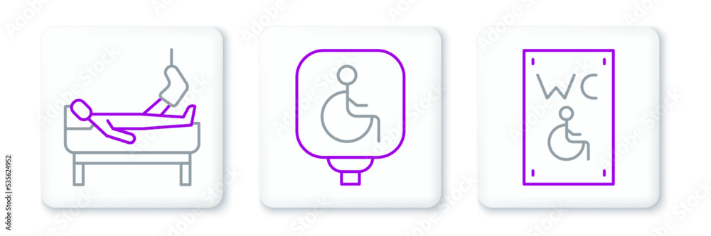 Set line Separated toilet for disabled, Patient with broken leg and Disabled wheelchair icon. Vector Set line Separated toilet for disabled, Patient with broken leg and Disabled wheelchair icon. Vector