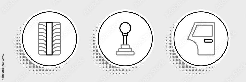 Set line Car door, tire wheel and Gear shifter icon. Vector Set line Car door, tire wheel and Gear shifter icon. Vector