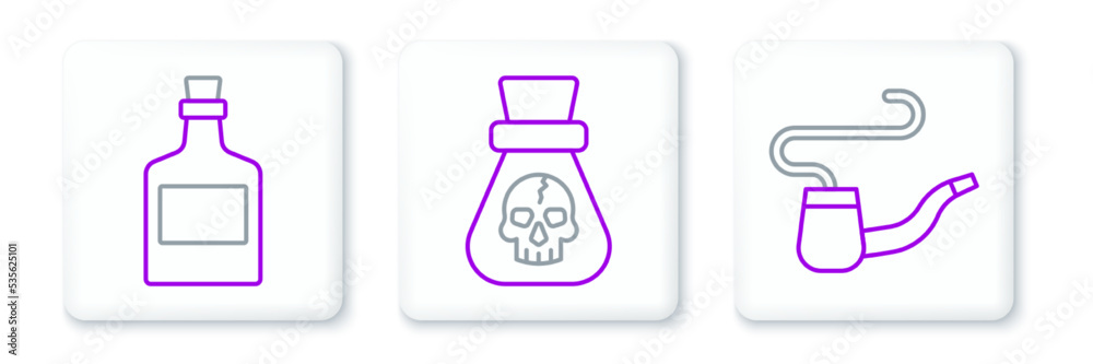 Set line Smoking pipe, Alcohol drink Rum and Pirate coin icon. Vector Set line Smoking pipe, Alcohol drink Rum and Pirate coin icon. Vector