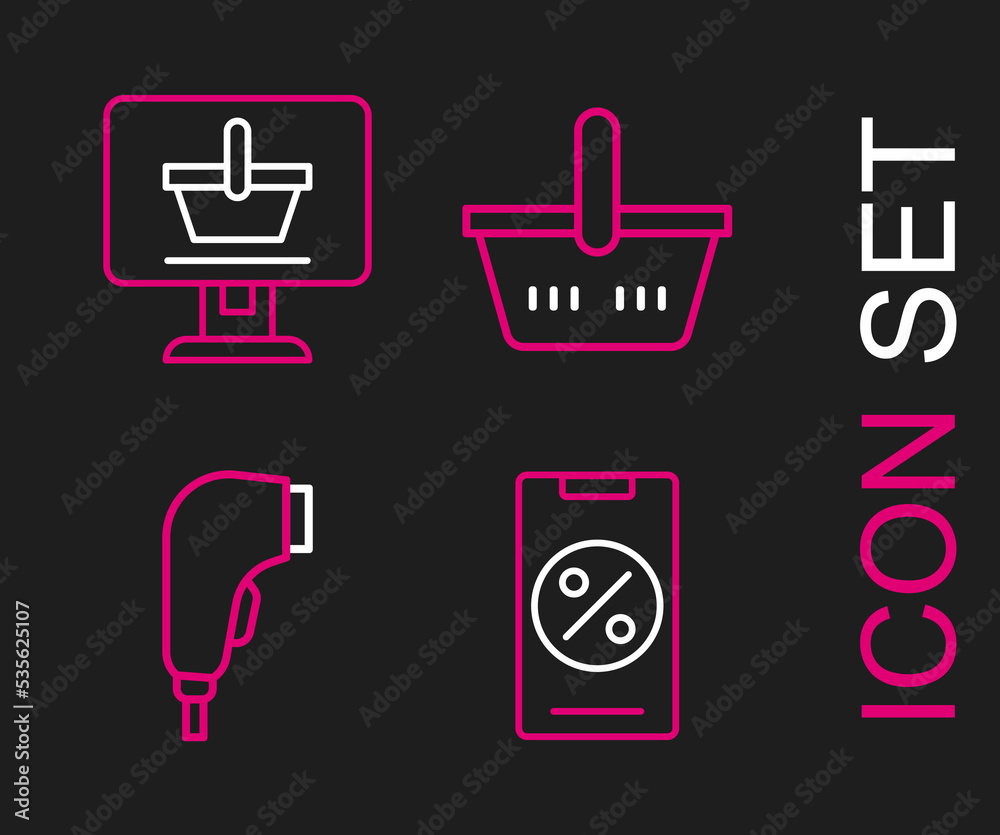 Set line Percent discount and mobile, Scanner scanning bar code, Shopping basket and cart on computer icon. Vector Set line Percent discount and mobile, Scanner scanning bar code, Shopping basket and cart on computer icon. Vector
