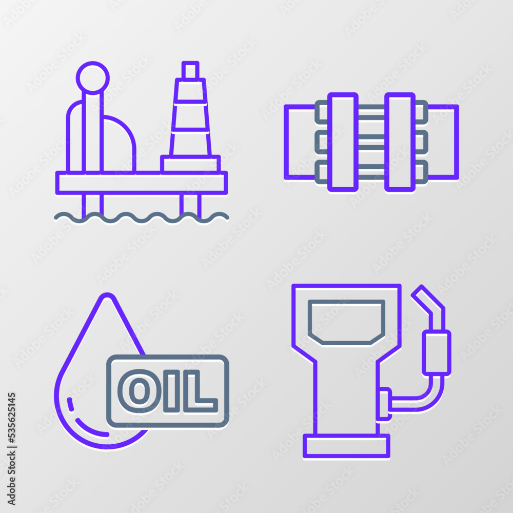 Set line Petrol or gas station, Oil drop, Metallic pipes and valve and platform in the sea icon. Vector Set line Petrol or gas station, Oil drop, Metallic pipes and valve and platform in the sea icon. Vector