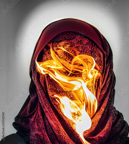 3d illustration of an empty hijab on fire in protest against repression of women's rights photo