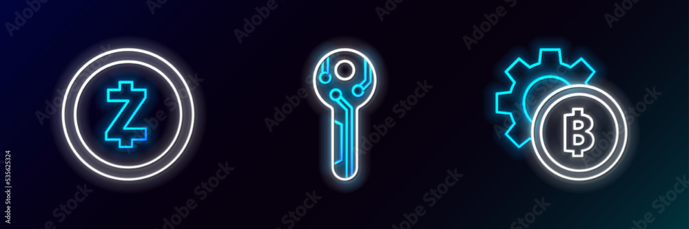 Set line Cryptocurrency coin Bitcoin, Zcash ZEC and key icon. Glowing neon. Vector Set line Cryptocurrency coin Bitcoin, Zcash ZEC and key icon. Glowing neon. Vector