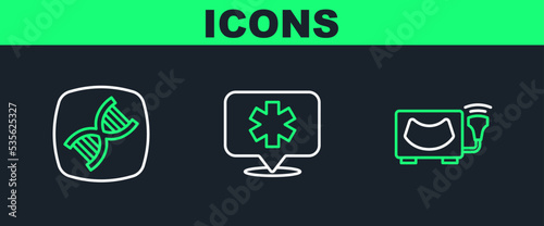 Set line Ultrasound, DNA symbol and Location hospital icon. Vector