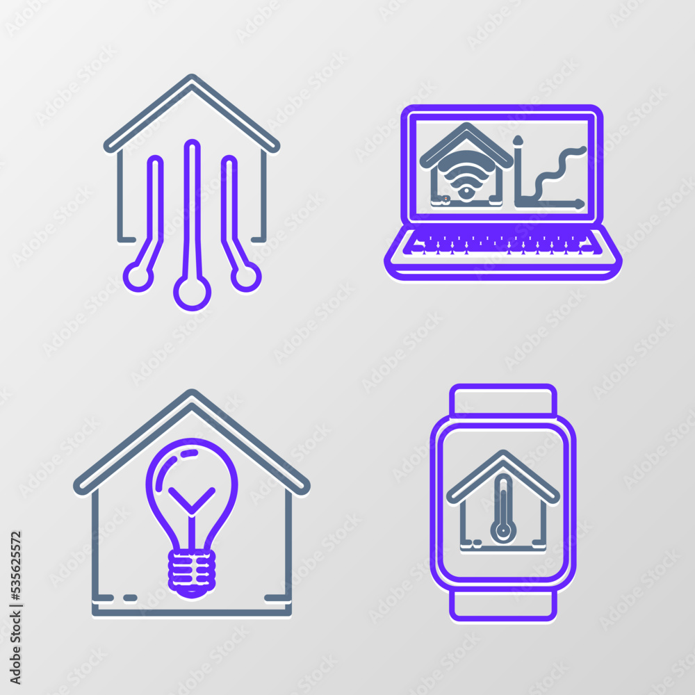 Set line Smart watch with house temperature, and light bulb, Laptop smart home wi-fi and icon. Vector Set line Smart watch with house temperature, and light bulb, Laptop smart home wi-fi and icon. Vector