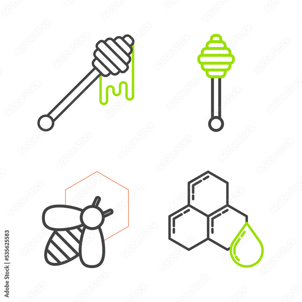 Set line Honeycomb, Bee and honeycomb, dipper stick and with dripping icon. Vector Set line Honeycomb, Bee and honeycomb, dipper stick and with dripping icon. Vector