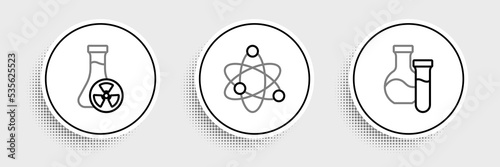 Set line Test tube, with toxic liquid and Atom icon. Vector