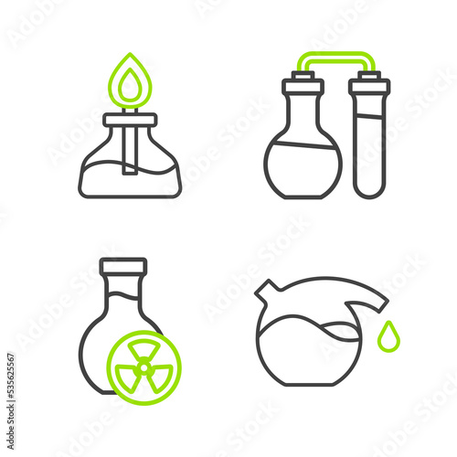 Set line Test tube  with toxic liquid  and Alcohol or spirit burner icon. Vector