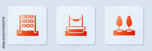 Set Bungee, Tic tac toe game and Forest. White square button. Vector