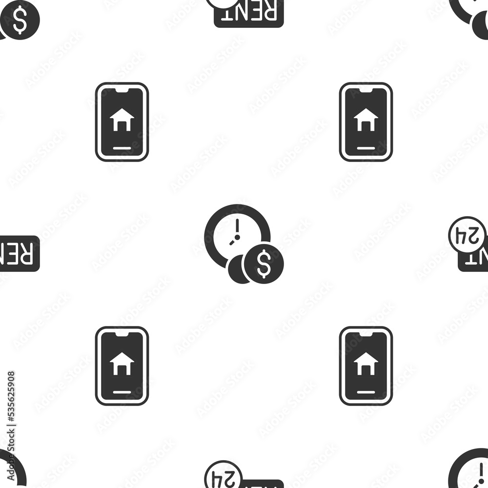 Set Rent, Time is money and Online real estate on seamless pattern. Vector