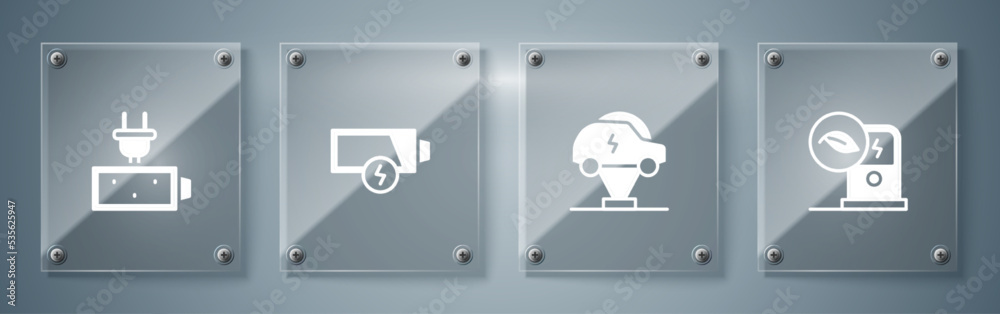 Set Electric car charging station, Low battery and Battery charge. Square glass panels. Vector Set Electric car charging station, Low battery and Battery charge. Square glass panels. Vector