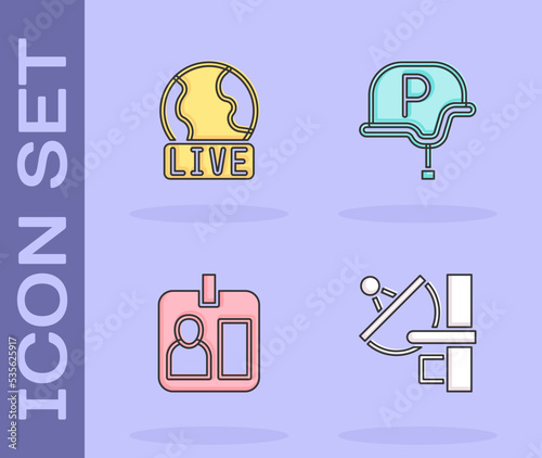 Set Radar, Live report, Journalist id card and War journalist icon. Vector