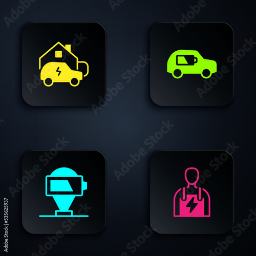 Set Car mechanic, Charging car at home, Battery charge and Electric. Black square button. Vector