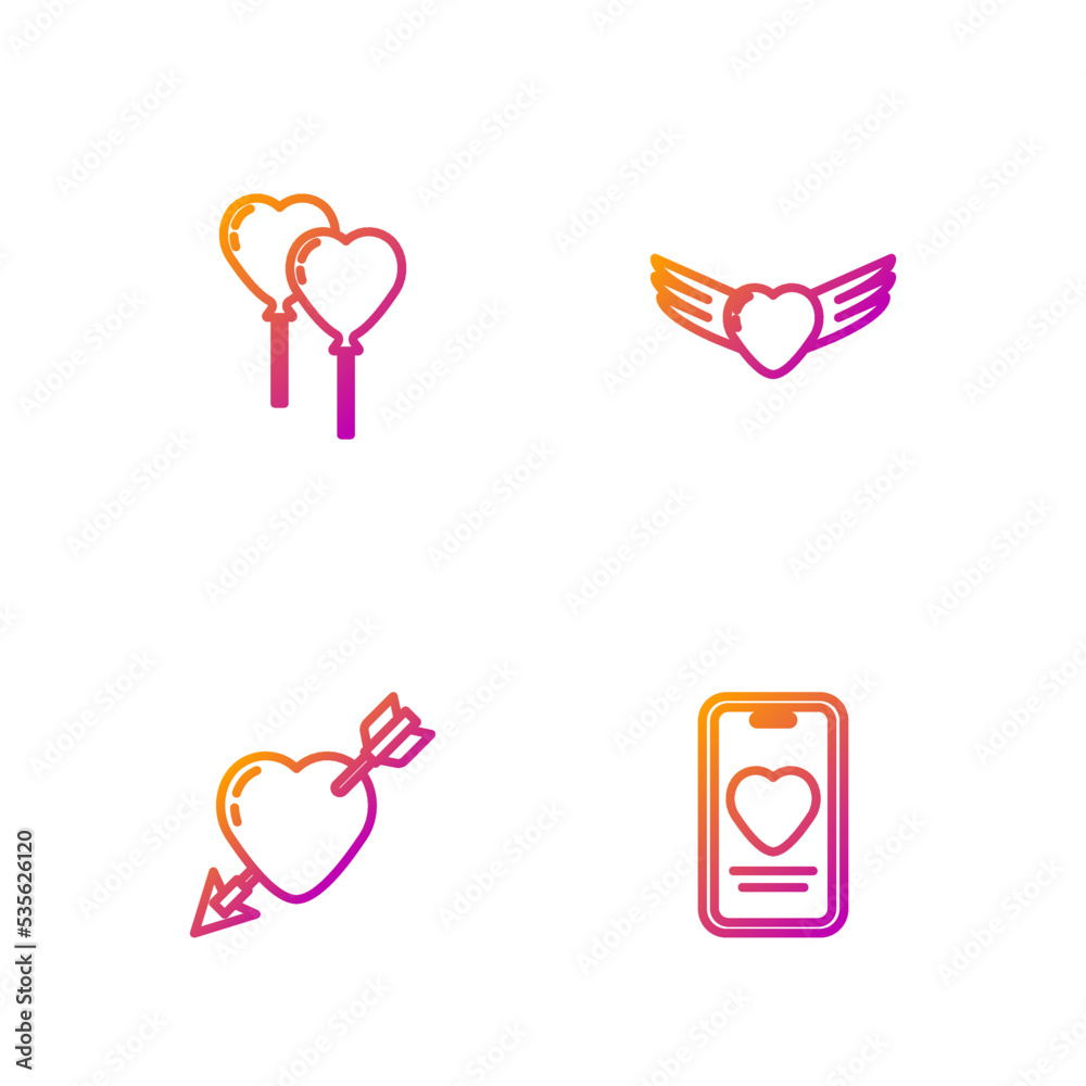 Set line Online dating app and chat, Amour with heart arrow, Balloons form of and Heart wings. Gradient color icons. Vector Set line Online dating app and chat, Amour with heart arrow, Balloons form of and Heart wings. Gradient color icons. Vector