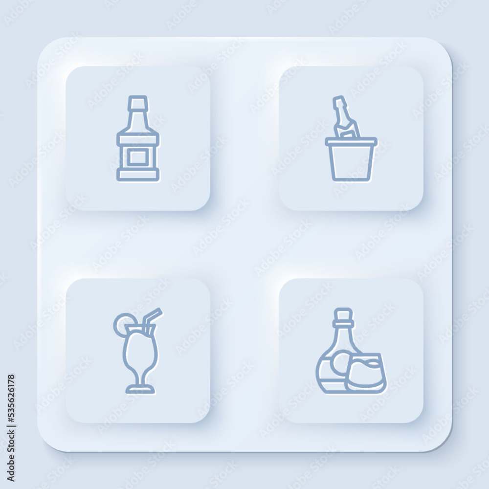 Set line Whiskey bottle, Champagne in an ice bucket, Cocktail and and glass. White square button. Vector