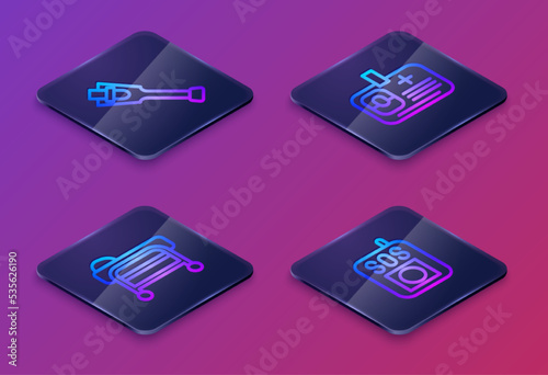 Set Isometric line Prosthesis leg, Stretcher, Identification badge and Press SOS button. Blue square button. Vector