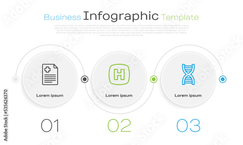 Set line Patient record, Hospital signboard and DNA symbol. Business infographic template. Vector