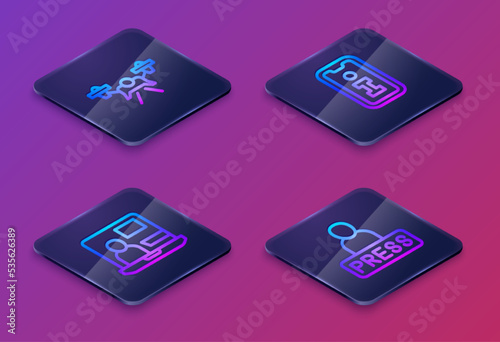 Set Isometric line Drone, World news, Information and Journalist. Blue square button. Vector