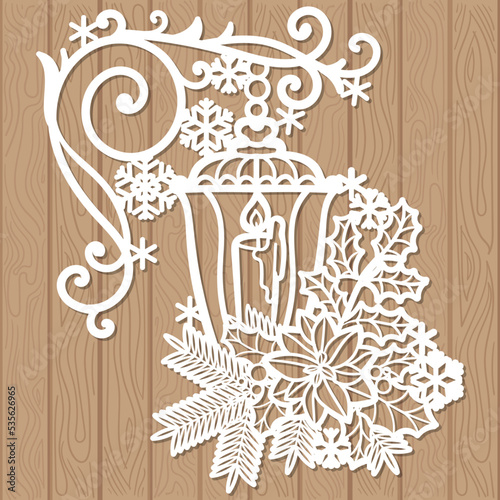 Christmas lantern with a candle. Template for laser cutting of any materials. For the design of Christmas and New Year decorations, cards, invitations and so on. Vector
