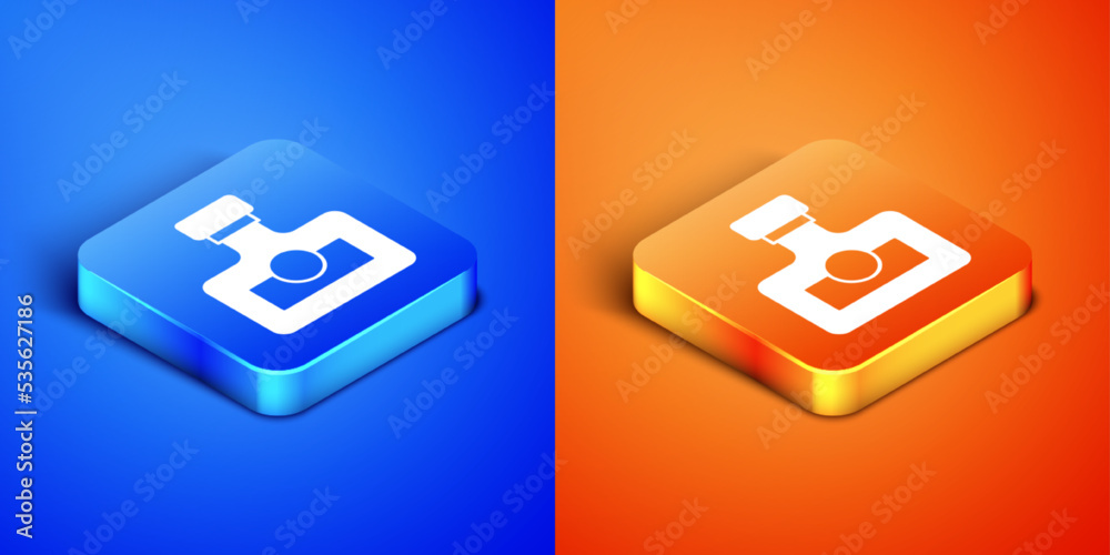 Isometric Alcohol drink Rum bottle icon isolated on blue and orange background. Square button. Vector Isometric Alcohol drink Rum bottle icon isolated on blue and orange background. Square button. Vector
